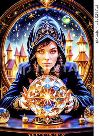 A beautiful mysterious fortune teller with piercing eyes predicts fate on a magic ball A beautiful mysterious fortune teller with piercing eyes predicts fate on a magic ball 113829712