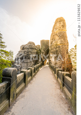 Golden sunlight bathes the iconic Bastei Bridge, highlighting its majestic stone pillars at dawn. Saxon Switzerland National Park, Germany Golden sunlight bathes the iconic Bastei Bridge, highlighting its majestic stone pillars at dawn. Saxon Switzerland National Park, Germany 113829832