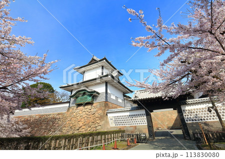 【石川県】晴天の金沢城 石川門と満開の桜 113830080