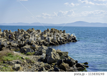 Sea landscape with concrete tetrapod breakwater stones piled up in wave breaker to protect 113830249