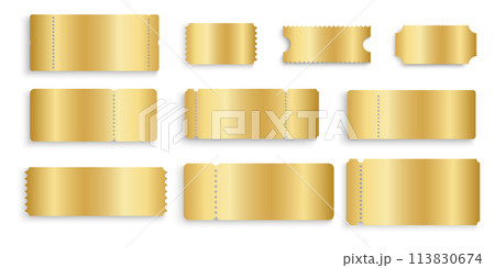 Set of gold ticket mockups. Shining metallic raffle, win lottery, coupon offer, jackpot lotto templates. Entrance or seating cards in luxury style isolated on white background. Vector illustration Set of gold ticket mockups. Shining metallic raffle, win lottery, coupon offer, jackpot lotto templates. Entrance or seating cards in luxury style isolated on white background. Vector illustration 113830674