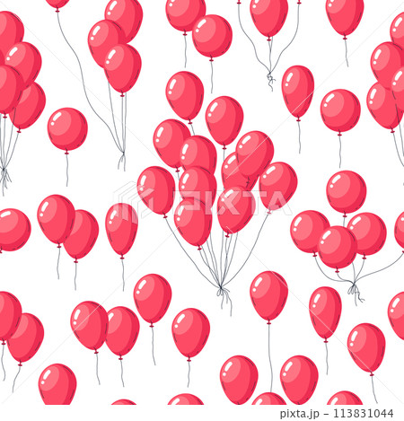 Cartoon balloons pattern. Glossy red balloons Birthday party decor, hand drawn holidays air balloon decorations flat vector illustration. Helium balloons endless background 113831044