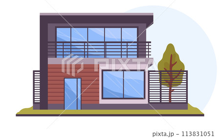 Hand drawn house. Cartoon modern suburban residential building, contemporary urban house, country house architecture flat vector illustration. Beautiful villa in white Hand drawn house. Cartoon modern suburban residential building, contemporary urban house, country house architecture flat vector illustration. Beautiful villa in white 113831051