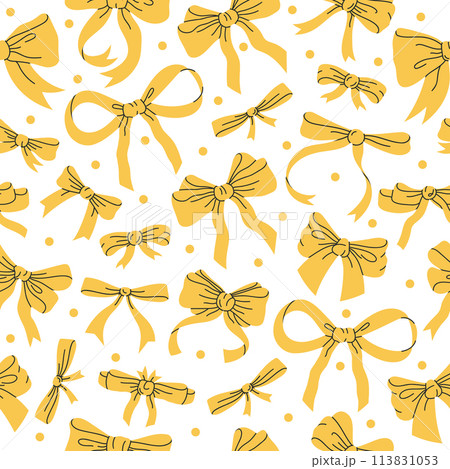 Yellow bows pattern. Birthday gifts cute ribbon decoration endless design, silk bow-knot for holidays gift boxes flat vector background illustration. Hand drawn bows seamless pattern Yellow bows pattern. Birthday gifts cute ribbon decoration endless design, silk bow-knot for holidays gift boxes flat vector background illustration. Hand drawn bows seamless pattern 113831053