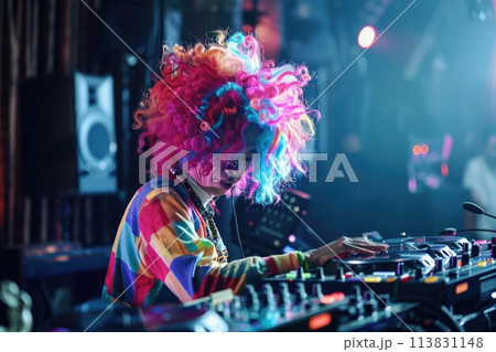 Eccentric DJ with multicolored wig and sunglasses spinning tunes in a club, emanating quirky vibes 113831148