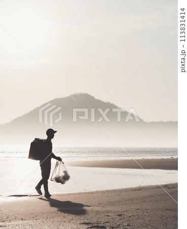 海岸ゴミを拾うボランティアの男性／環境問題・社会問題のコンセプト 113831414