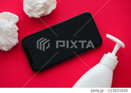 Mockup for adult content website or app on smartphone display with porn watching attributes for masturbation. Copy space 113831626