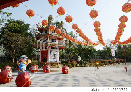 Chinese pagoda at Dhammaktanyu Foundation Shrine or Dhammaktanyu Temple or Xianlu Dai Tiang Kong. This architecture is full of ancient Chinese arts and culture. Including the stone carvings. Chinese pagoda at Dhammaktanyu Foundation Shrine or Dhammaktanyu Temple or Xianlu Dai Tiang Kong. This architecture is full of ancient Chinese arts and culture. Including the stone carvings. 113831751