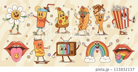 Cartoon retro groovy characters vector set. Daisy flower, cocktail glass, pizza slice or hot dog. Ice cream, pop corn, mouth with tongue with drug sticker and soda can on skateboard. Old tv or rainbow 113832137
