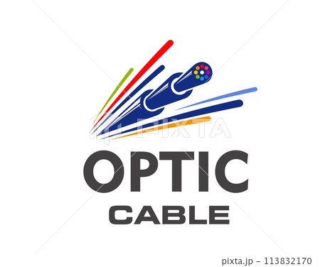 Fiber optic cable icon. Isolated vector emblem for internet connection, telecommunication technology and networking. Dynamic wire or cord with colorful lines convey speed and broadband data traffic 113832170