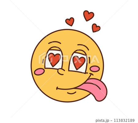 Groovy hippie lovely face smile in love with hearts in eyes, vector retro cartoon. 70s groovy funky comic emoji smile or emoticon with hypnotized love hearts and tongue out for Valentine or wedding 113832189