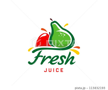 Fresh juice icon, pear and apple fruit drink or smoothie label, vector emblem. Fruit juice package icon of red apple and pear with juicy drops splash in flat line for natural organic beverage Fresh juice icon, pear and apple fruit drink or smoothie label, vector emblem. Fruit juice package icon of red apple and pear with juicy drops splash in flat line for natural organic beverage 113832193