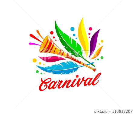 Brazil carnival party icon, entertainment event. Isolated vector vibrant emblem, features a burst of colorful feathers and pipe instrument, encapsulating the spirit of festivity and joy of Rio holiday 113832207