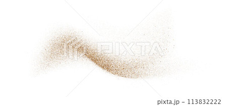 Sand powder splash. Flowing dust speckles and particles wave texture. Ground grain scatter element. Gritty explosion wind shape for overlay, poster, banner, brochure, leaflet. Vector sandy background 113832222