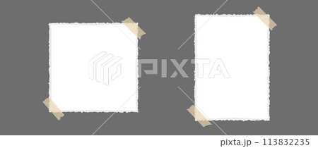 Ripped paper glued on adhesive tape. Jagged templates for mockup, poster design, banner, flyer, brochure, mood board, photo album. Empty craft rectangle and square paper note pieces. Vector blank memo Ripped paper glued on adhesive tape. Jagged templates for mockup, poster design, banner, flyer, brochure, mood board, photo album. Empty craft rectangle and square paper note pieces. Vector blank memo 113832235