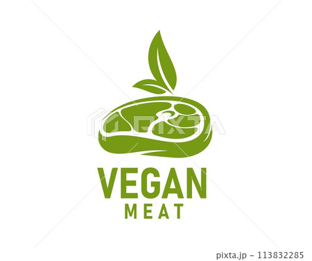 Vegan meat icon, vegetable beef steak. Isolated vector emblem with green leaf or sprout growing from the meatless, plant beef slice. Organic, ecological, plant-based cuisine, healthy vegetarian food 113832285