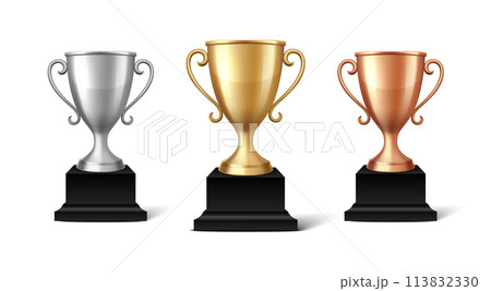 Vector Blank Golden, Silver and Bronze Champion Cup Isolated on White Background. Design Template of Championship Trophy. Sport Tournament Award, Winner Cup and Victory Concept 113832330