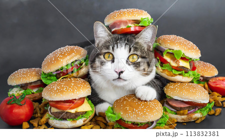 ハンバーガーの山に乗る猫 113832381