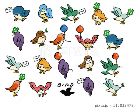 物をくわえたいろいろな鳥の手描き風イラストセットのイラスト素材
