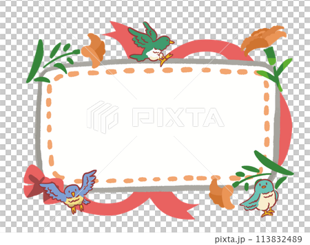 水彩風格緞帶、花鳥框插畫 113832489