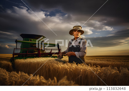 Farmer and agricultural tractor in the field. Neural network AI generated art 113832648