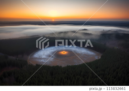 Misty foggy mountain landscape with fir forest and copyspace in vintage retro hipster style. Neural network AI generated art 113832661