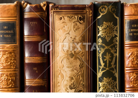 Row of ancient books some of them over 300 years old. Neural network AI generated art 113832706