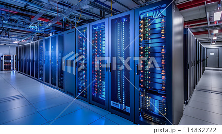 A large room with many computer servers A large room with many computer servers 113832722