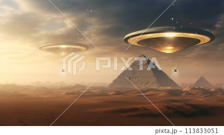 Flying saucer coming out from clouds on pyramids. Neural network AI generated art 113833051