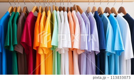 colorful of t-shirt with hangers in market, Fashion style. Neural network AI generated art 113833073