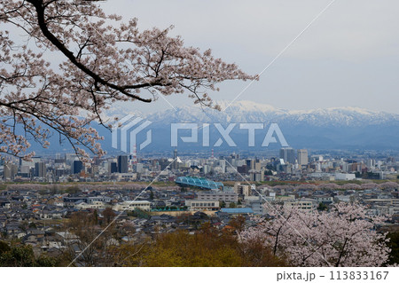 満開の桜春霞の北アルプス薬師岳と神通大橋 満開の桜春霞の北アルプス薬師岳と神通大橋 113833167
