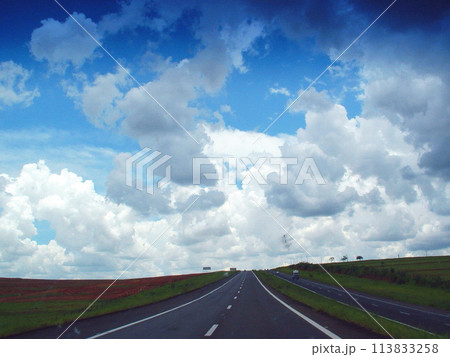 サンパウロ州の夏の雲と青空と道路　ブラジル 113833258