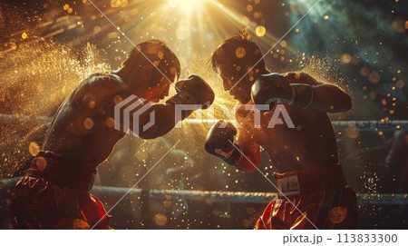 Two men are positioned next to each other in a boxing ring, ready for a match. Two men are positioned next to each other in a boxing ring, ready for a match. 113833300