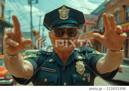 A man in a police uniform makes a commanding hand gesture, displaying authority and control. 113833306