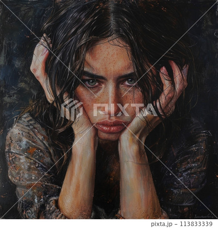 A haunting painting of a woman with her hands covering her face, displaying raw emotion and vulnerability. 113833339