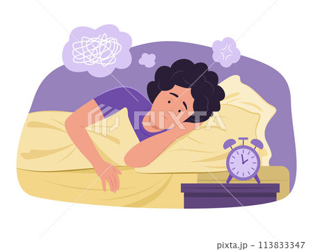 Insomnia Woman Lying in Bed with Stress Feeling for Sleepless Concept Illustration Insomnia Woman Lying in Bed with Stress Feeling for Sleepless Concept Illustration 113833347
