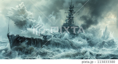 A dynamic painting portraying a majestic ship sailing through rough waters amidst a storm, with dramatic skies and towering waves. A dynamic painting portraying a majestic ship sailing through rough waters amidst a storm, with dramatic skies and towering waves. 113833380