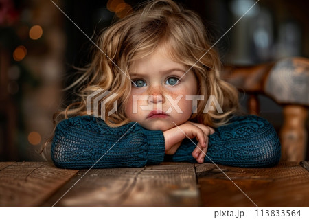 A young girl is seated at a wooden table. 113833564