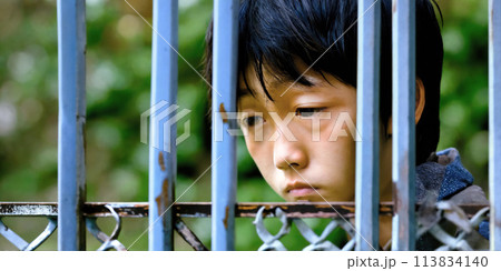 フェンス越しに悲しい顔をしている男の子 113834140