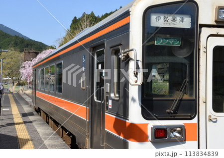JR名松線終着駅「伊勢奥津」の気動車と給水塔、枝垂桜 113834839