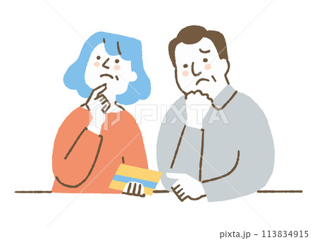 通帳を見て家計を考える夫婦_色 113834915