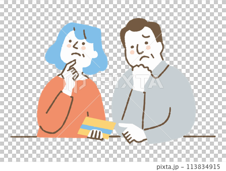 通帳を見て家計を考える夫婦_色 113834915