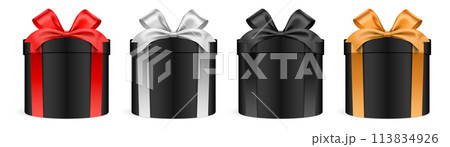 Round shape black gift boxes with colorful ribbons isolated on background vector illustration 113834926
