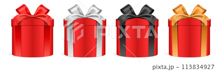 Round shape red gift boxes with colorful ribbons isolated on background vector illustration 113834927
