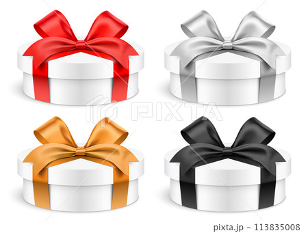 Set of low height white gift boxes wrapped with colorful ribbons, vector illustration Set of low height white gift boxes wrapped with colorful ribbons, vector illustration 113835008
