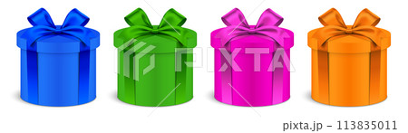 Colorful giftbox vector set. Round shape gift boxes with colorful ribbons, isolated on background. Colorful giftbox vector set. Round shape gift boxes with colorful ribbons, isolated on background. 113835011
