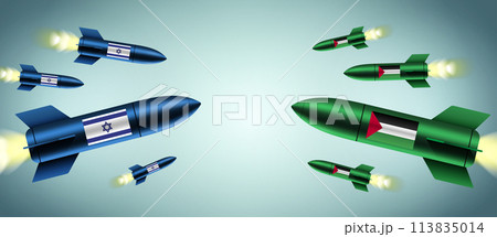 Israeli and Palestinian bombs flying towards each other, concept vector illustration. Israeli and Palestinian bombs flying towards each other, concept vector illustration. 113835014
