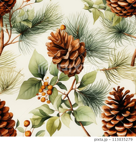 Seamless pattern with pine branches and cones.のイラスト素材 [113835279] - PIXTA