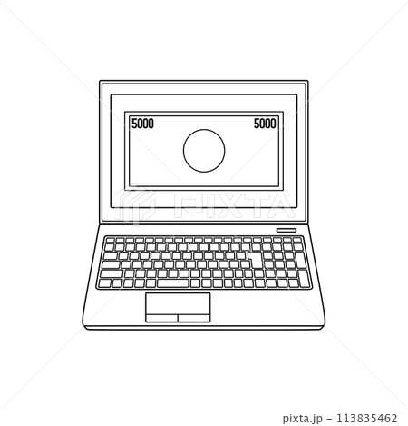 シンプルな5000円札が表示されたノートパソコンの線画 113835462