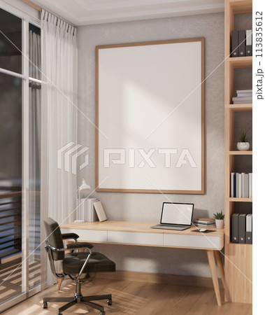 The interior design of a contemporary minimalist home office features a laptop on a wooden desk. The interior design of a contemporary minimalist home office features a laptop on a wooden desk. 113835612